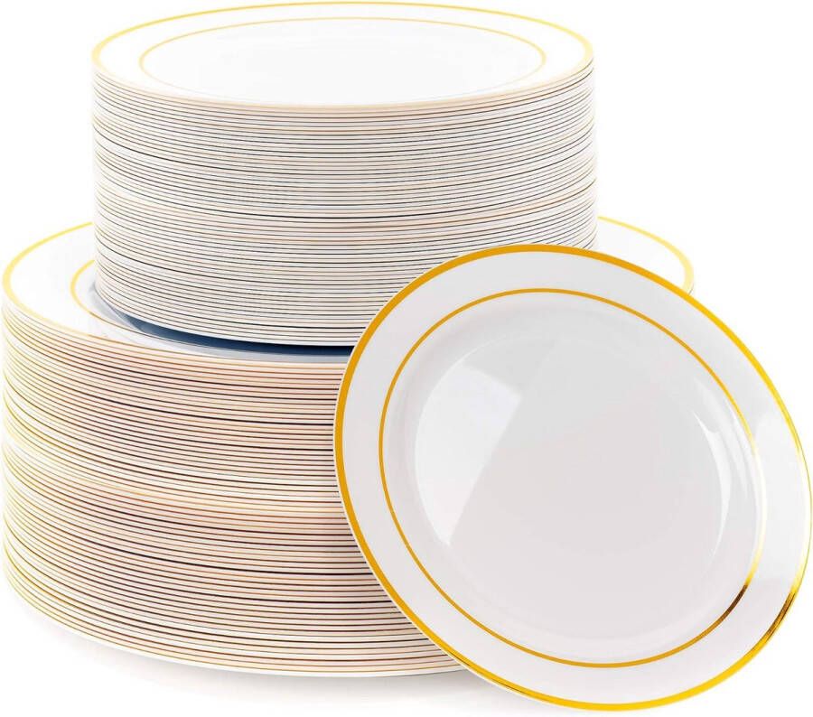120 Witte plastic borden met gouden rand voor bruiloften verjaardagen doopfeesten Kerstmis en feestjes 2 maten (60 x 26 cm 60 x 19 cm) Herbruikbaar & stabiel
