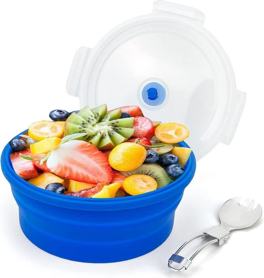 1200 ml grote opvouwbare lunchkom siliconen voedselcontainer met opvouwbare 2-in-1 vork en lepel ruimtebesparende campingkommen veilig in magnetron en vriezer blauw