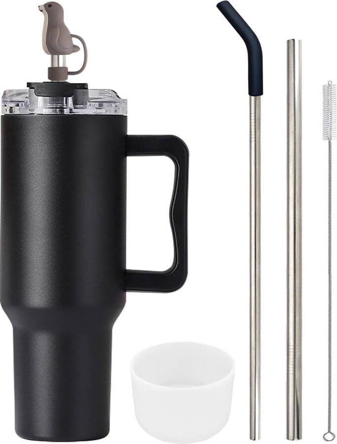 1200 ml koffiebeker om mee te nemen dubbelwandige roestvrijstalen vacuüm-isolatiebeker met handvat en rietje autobeker thermobeker koffiebeker voor warme en koude dranken zwart