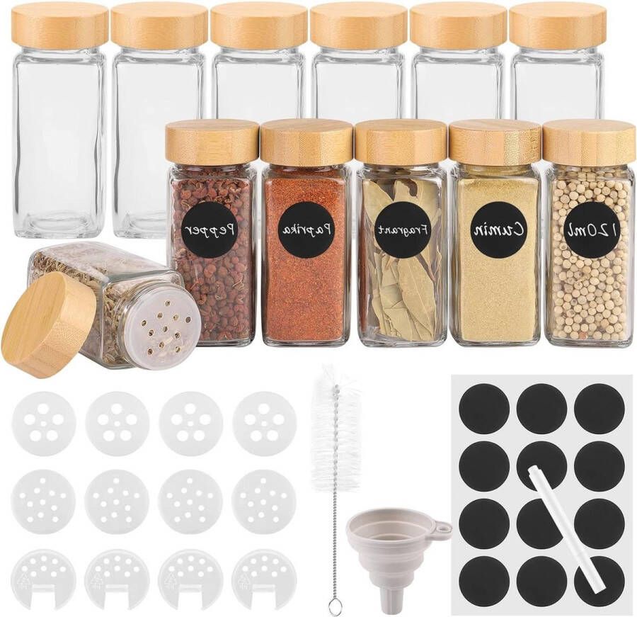 120ml Kruidenpotjes set van 12 stuks Vierkante kruidenpotjes met bamboe deksel Kruidenstrooier met schroefdop Glazen kruidencontainer Kruidenopslag met sproeierinzet Inclusief etiketten herb jars
