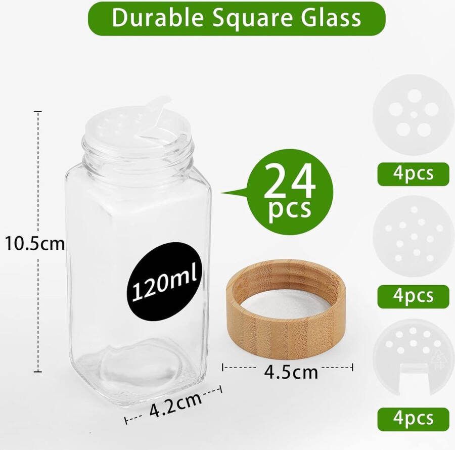 120ml Kruidenpotjes set van 24 stuks vierkante kruidenpotjes met bamboe deksel kruidenstrooier met schroefdop glazen kruidencontainer kruidenopslag met sproeierinzet etiketten