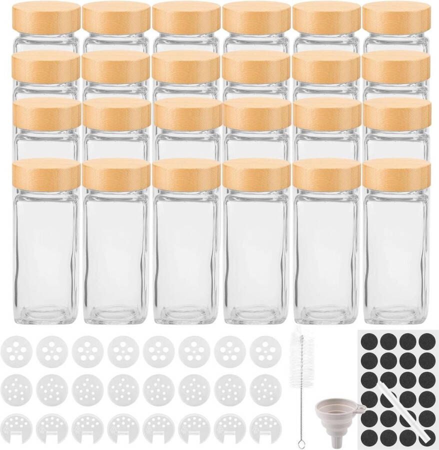 120ml Vierkante Kruidenpotjes Set van 24 stuks Bamboe Deksel Kruidenstrooier Glazen Kruidencontainer Kruidenopslag Sproeierinzet Etiketten Kruidenpotjes