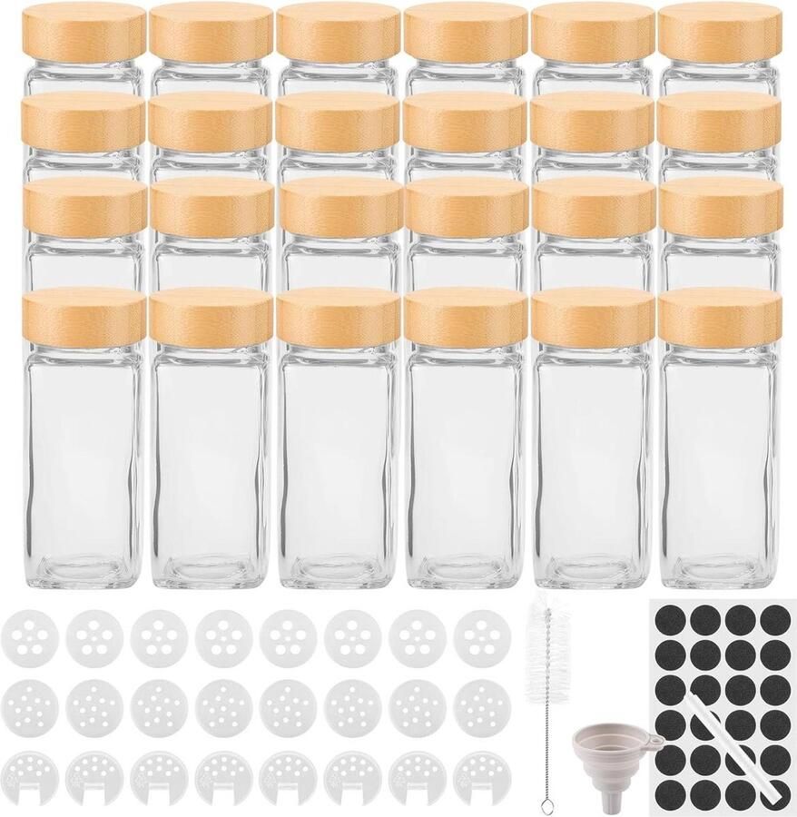 120ml Vierkante Kruidenpotjes Set van 24 Stuks Bamboe Deksel Kruidenstrooier Glazen Kruidencontainer Kruidenopslag met Etiketten Kruidenpotjes vierkant