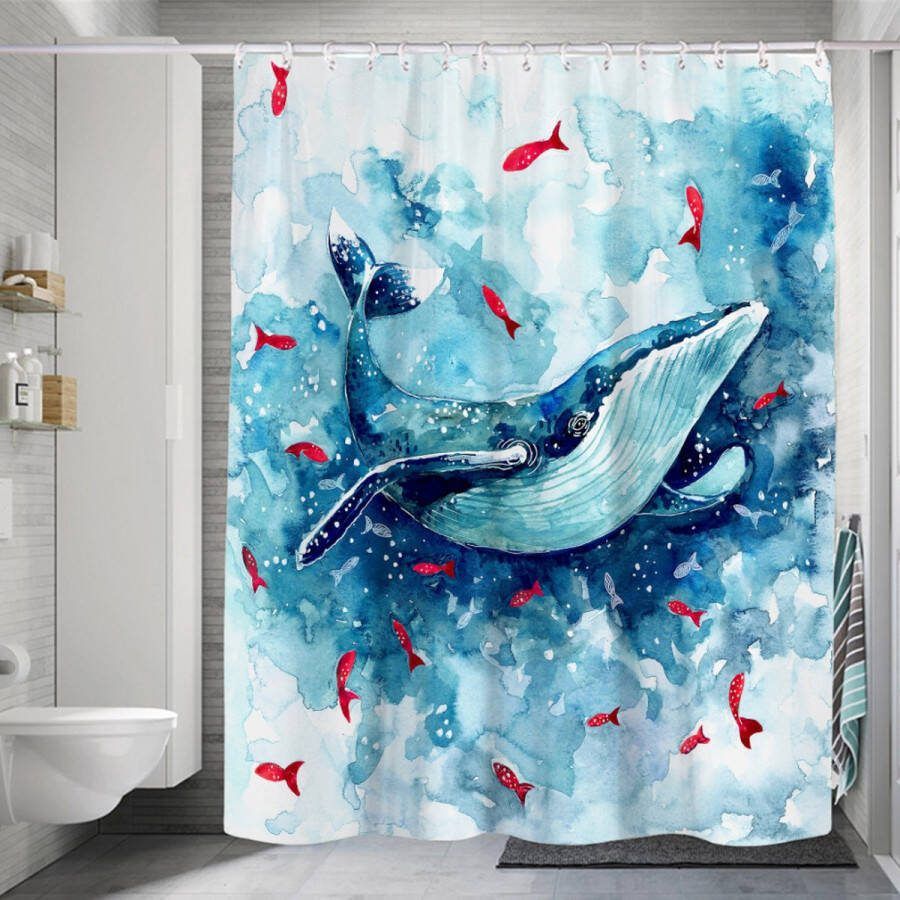 120x180cm Blue Whale Douchegordijn voor Kinderen Ocean World Leuke Rode Vis Hilarische Dieren Zee Golf Houten Plank Badgordijn voor Bad met Haken