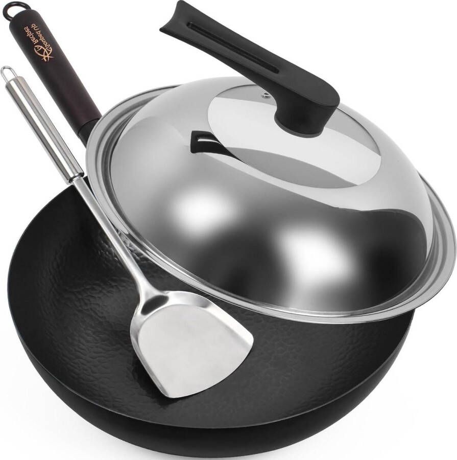 125-inch koolstofstalen wok voor inductie- en gasfornuizen deksel spatel gebruikershandleiding video