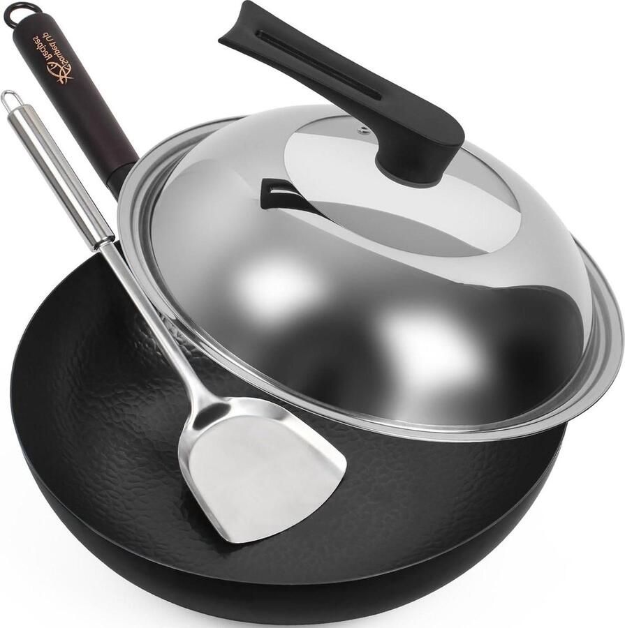 125-inch koolstofstalen wok voor inductie- en gasfornuizen deksel spatel gebruikershandleiding video inbegrepen