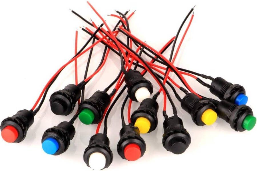 12stks 12mm Voorbekabelde Kortstondige Drukknop SPST AAN UIT AC 250V 1.5A 125 V 3A Lockless Mini Ronde Knop voor Auto Trompet PC Home Deurbel