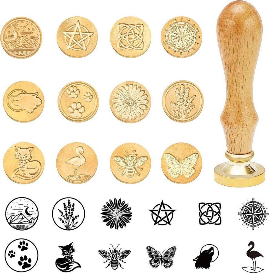 12stks Zegellak Stempels Koper Seals met 2stks Houten Handvat Vintage Retro Klassieke Seal Wax Stempel Kit voor Uitnodigingen Kaarten Brieven Enveloppen Wijn