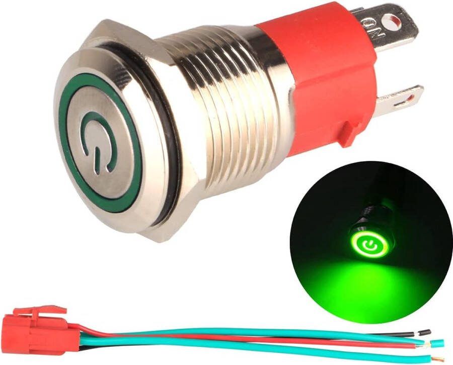 12V-24V 15A Vergrendelende Drukknop NO Waterdichte Groene LED-Lamp Verlicht 16 mm Metalen Startknop met Stopcontact