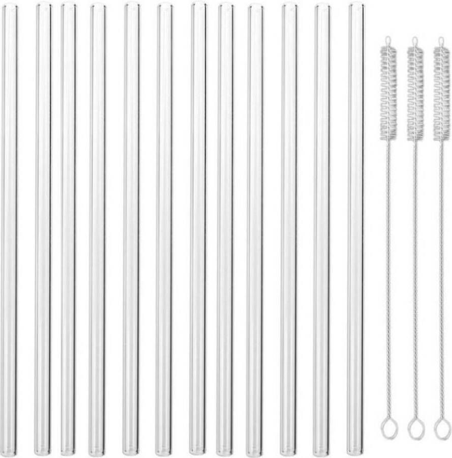 12x Glazen rietjes met borsteltjes 20 cm Duurzame milieuvriendelijke drinkrietjes rietjes van glas