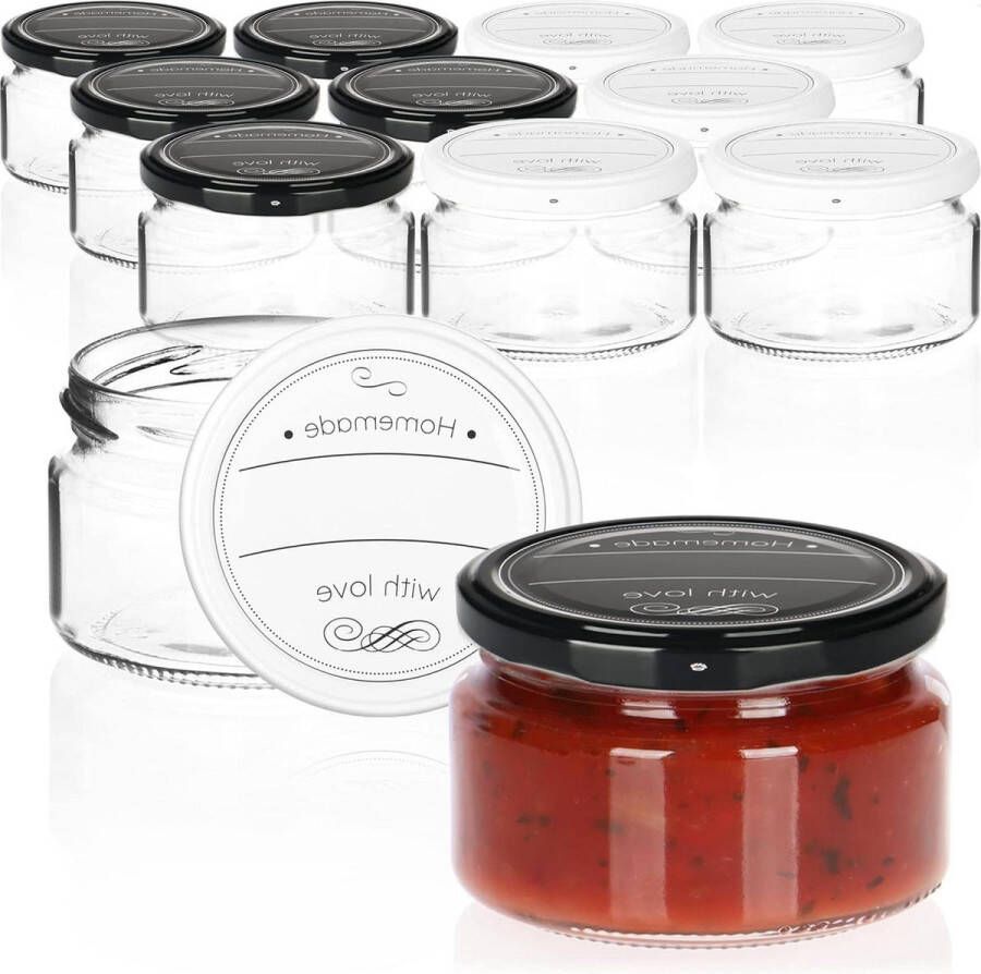 12x weckpotten met schroefdeksel in zwart-wit TOT Ø 82 mm tot ca. 250 ml set van 12 keukenopslag glazen potten jampotjes met deksel