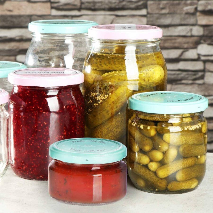 12x weckpotten met schroefdeksel Made with love in groen en roze TOT Ø 82 mm aanbevolen vulhoeveelheid ca. 200 ml tot aan de rand van het glas: ca. 250 ml