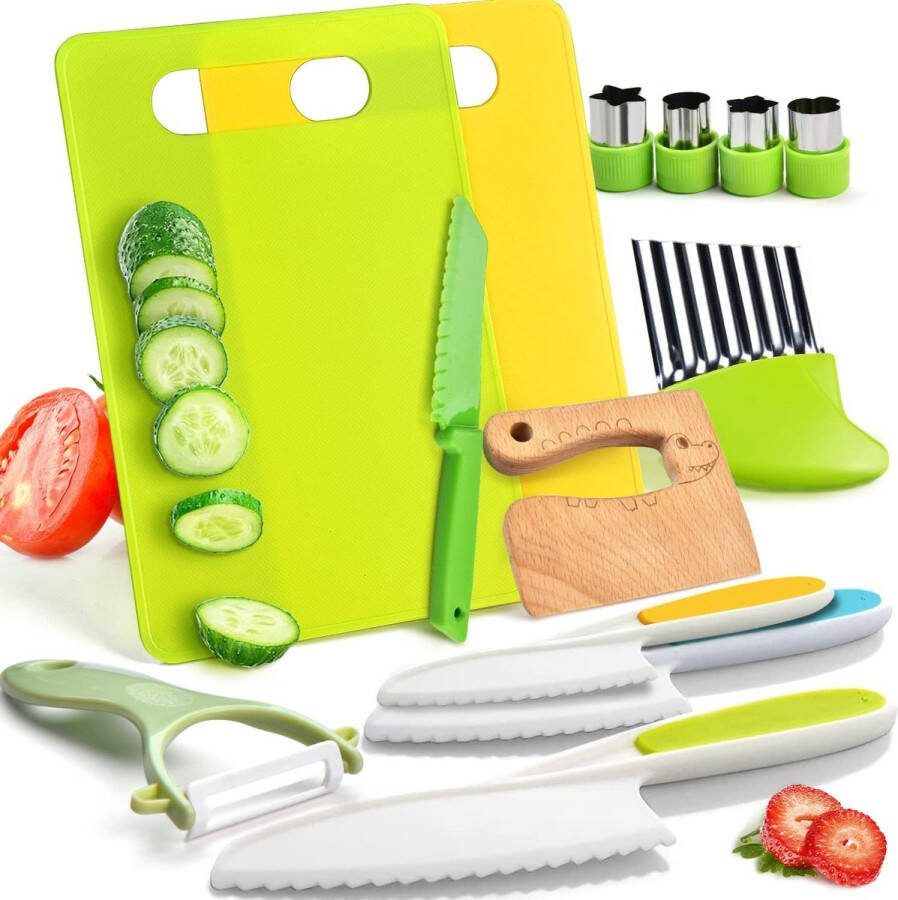 13 Stuks Houten Kids Keukenmessen-Peuter Veilige Messen Set voor Echt Koken Met Plastic Peuter Veilige Messen Crinkle Cutter Kids Snijplank Y-Peeler Fruit Cutters Vormen