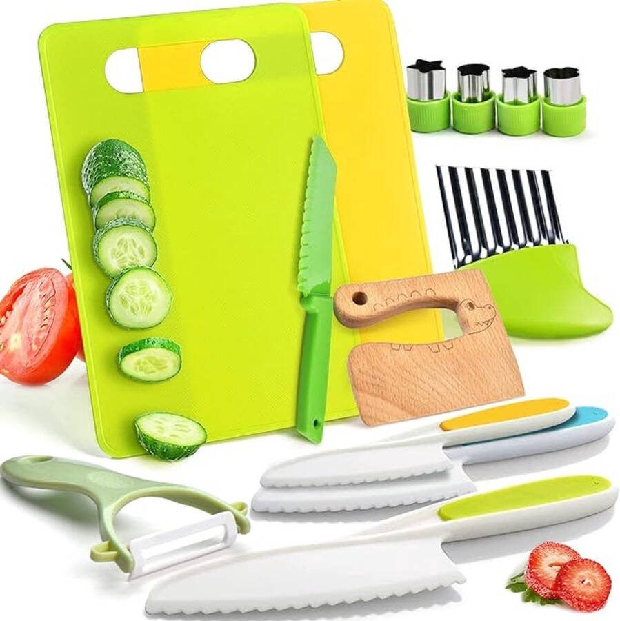 13 Stuks Houten Kids Keukenmessen-Peuter Veilige Messen Set voor Echt Koken Met Plastic Peuter Veilige Messen Crinkle Cutter Kids Snijplank Y-Peeler Fruit Cutters Vormen