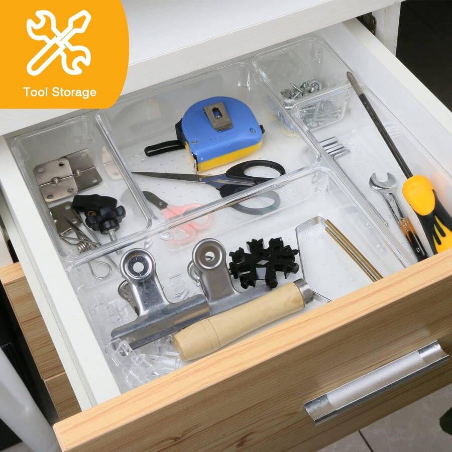 13 stuks lade-organizer opbergdozen verdeler transparant bureau-organizer plastic dienbladverdelers voor gebruik in slaapkamer keuken badkamerkast kantoor (5 verschillende maten)