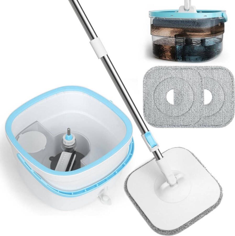 130 cm dweilset met filtersysteem scheidt vuil van schoon water reinigingsemmer vloerwisser met uitwringfunctie 2 microvezelmoppen raam- en vloerreiniging