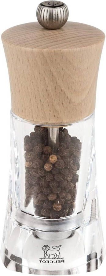 14 cm pepermolen met zwarte peper klassiek slijpsysteem gemaakt van PEFC gecertificeerd hout en acryl natuurlijke en transparante kleur Made in France