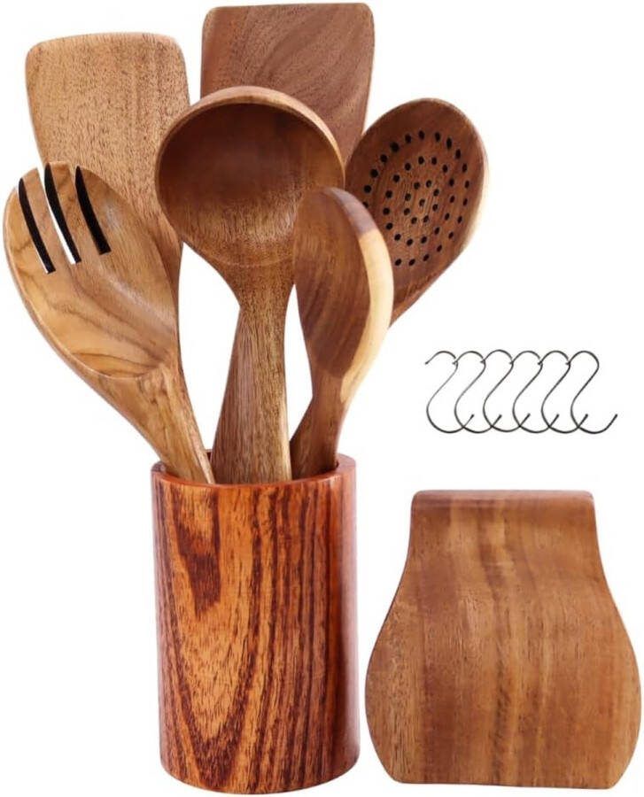 14-delige houten kooklepelset Keukenhulpen voor de keuken Inclusief houten spatel schuimspaan soeplepel slacouverts lepelhouder houten plank en ophanghaak