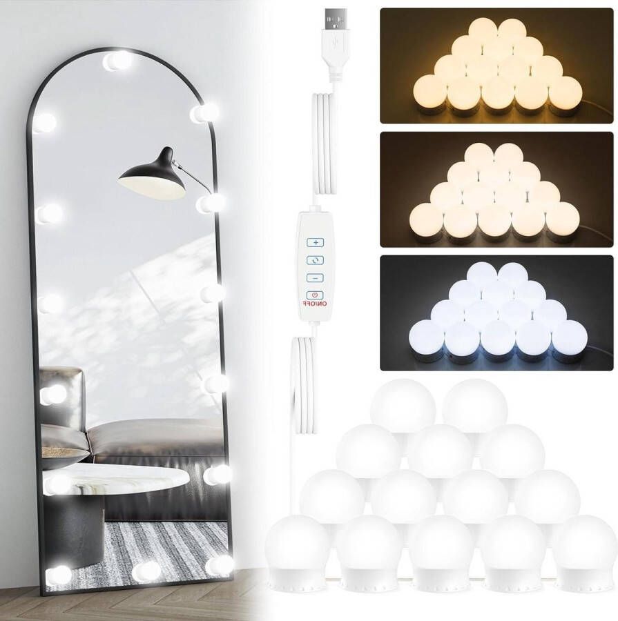 14 dimbare gloeilampen led-spiegellamp voor kaptafel Hollywood make-uplicht met 3 kleuren USB-kabel spiegeldecoratie