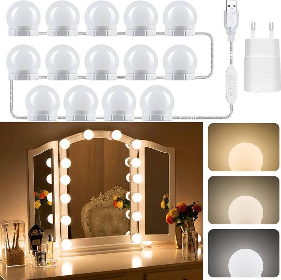 14 lampen spiegellichtset met verstelbare USB-kabel Hollywood led-spiegel dimbaar make-uptafel verlichting zelfklevend