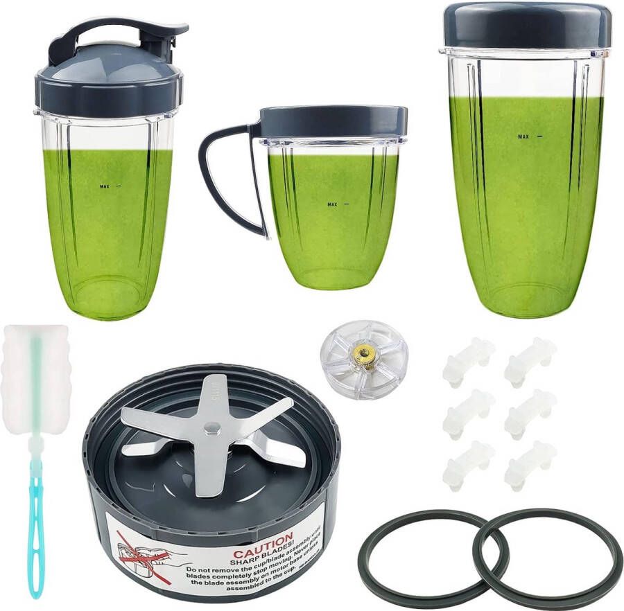 14 stuks blender vervangende onderdelen extractor mes en bekers Geschikt voor NutriBullet 600w & 900w serie inclusief pakking schokdemper en tandwiel (1 mes 3 bekers 1 deksel)