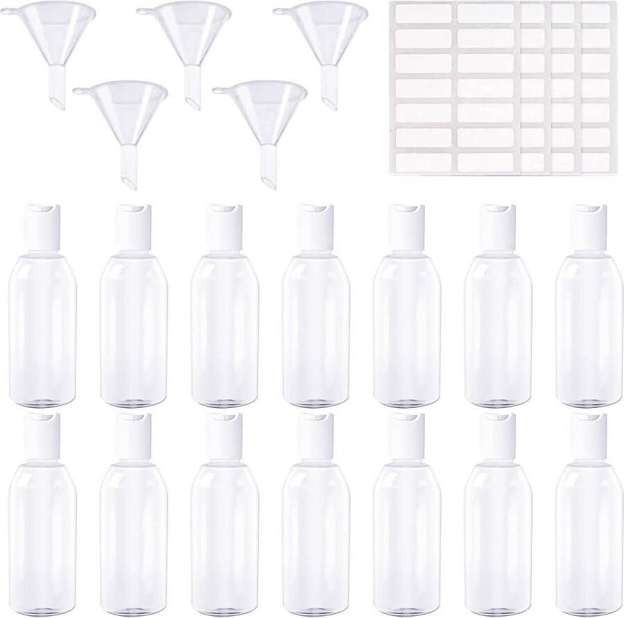 14 stuks doorzichtige plastic reisflessen voor toiletartikelen 50 ml navulbaar lekvrij inclusief trechters en etiketten reisflesjes handbagage
