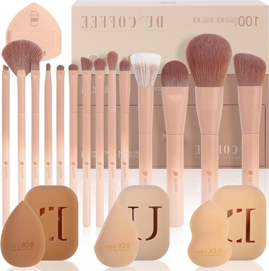 14-stuks Make-upkwasten Set uit Koffieserie met 3 Make-upsponzen & Houder Premium Synthetische Kwastenset voor Make-up Foundation & Oogschaduwkwast Valentijnsdagcadeau