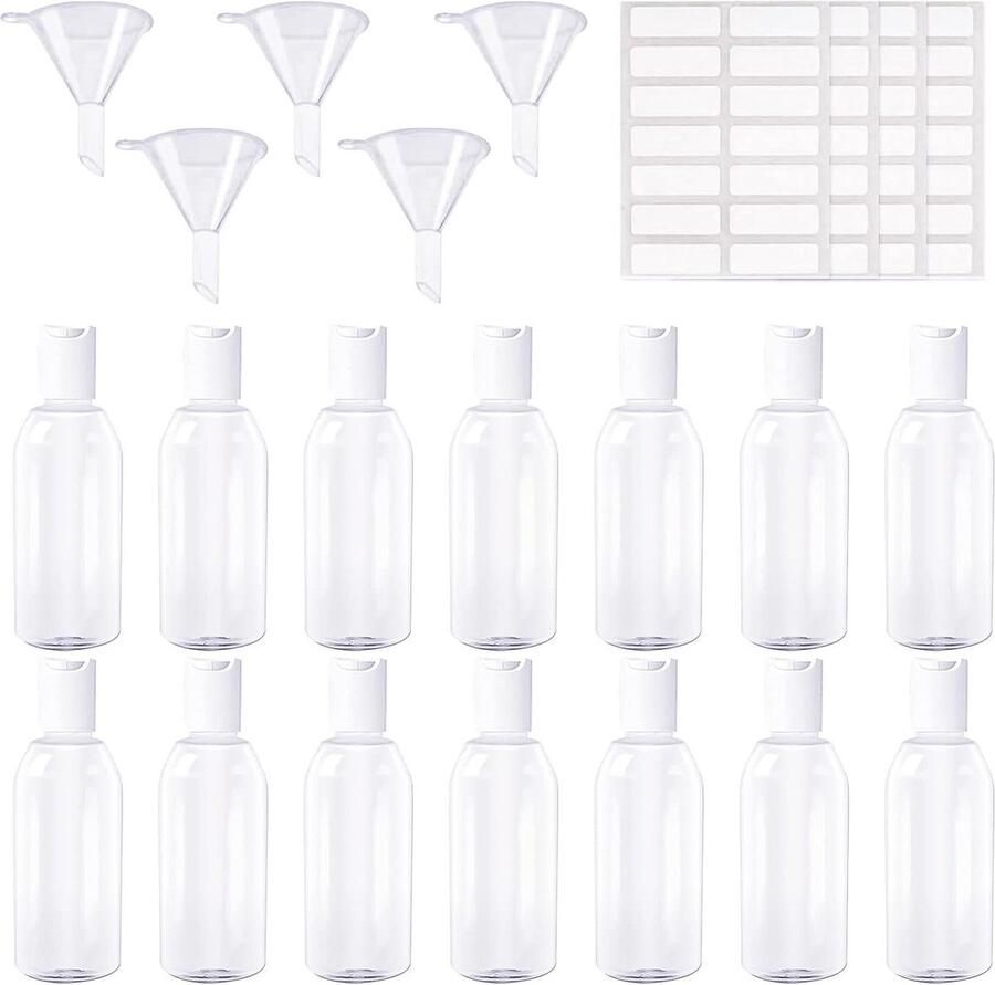 14 Stuks Reisflessen 50ml Doorzichtig Plastic Navulbaar Lekbestendig Met Trechters en Etiketten reisflesjes 100ml
