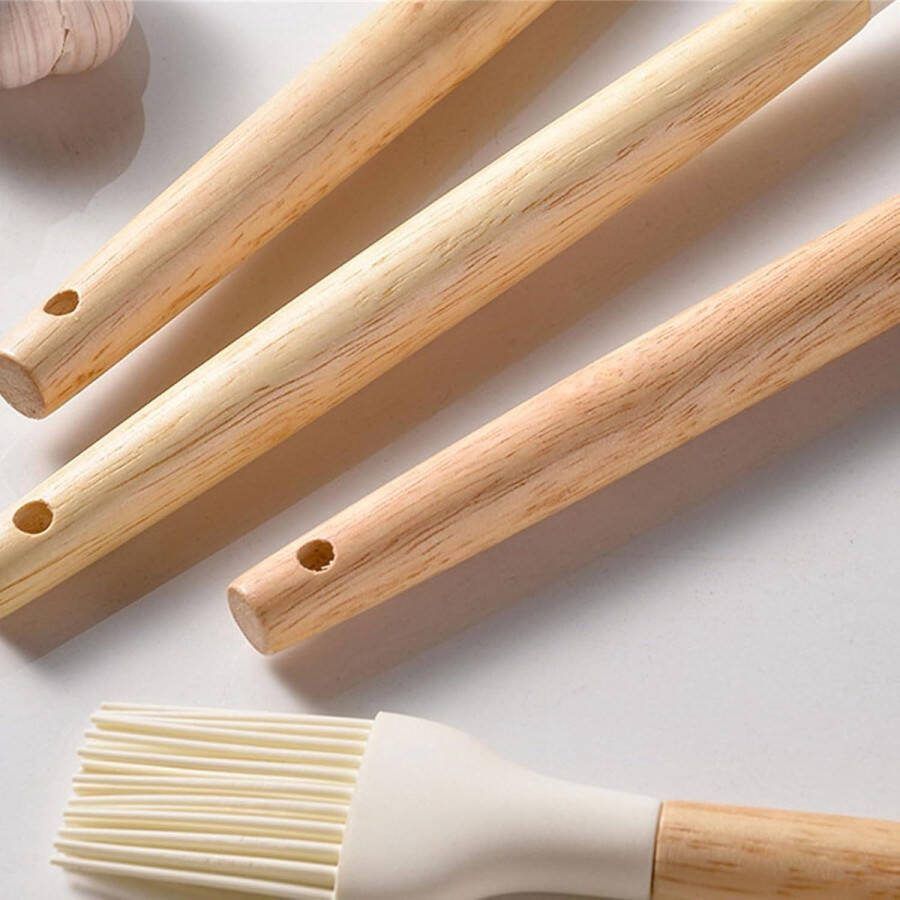 14 Stuks Siliconen Keukengerei Food Grade Koken Gereedschap Non-stick Houten Handgrepen Tangen Keuken Lepel Spatel Tool Houten Handvatten Gadget