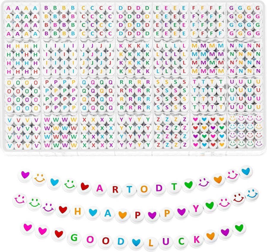 1400 stuks letterkralen Acrylletterkralen voor armbanden A-Z letterkralenset armbanden met hart en smiley-kralen voor het maken van sieraden armbanden halskettingen kinderen