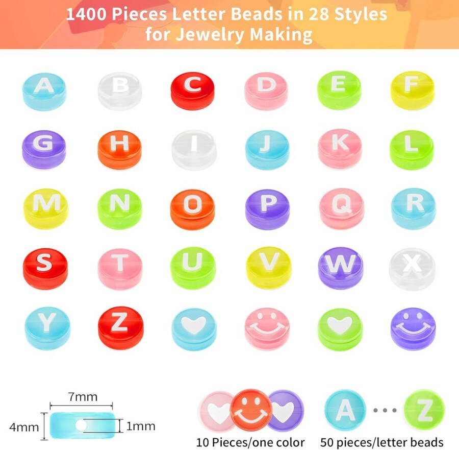 1400 stuks letterkralen Acrylletterkralen voor armbanden A-Z letterkralenset armbanden met hart en smiley-kralen voor het maken van sieraden armbanden halskettingen kinderen