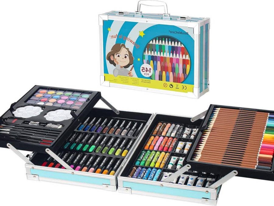 145-delige schilderkoffer deluxe aluminium draagkoffer tekenset met marker oliepastelwaxstiften kleurpotloden waskrijt oliepastelkrijt voor kinderen beginners en volwassenen blauw Tekendoos