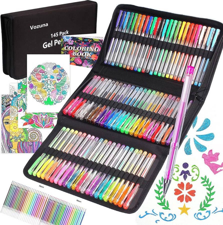 145 Pack Glitter Gel Pennen Set 72 Unieke Kleuren & 72 Vullingen met 1 Kleurboek voor Kinderen Volwassen Kleurboeken Tekenen Doodling Ambachten Scrapbooking