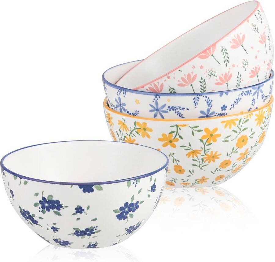 15 cm Kleurrijke Keramische Soepkommen met Bloemenpatronen Brede Diepe Porseleinen Kommen Keukenkom voor Ontbijt Salade Havermout Noedel Pho Set van 4