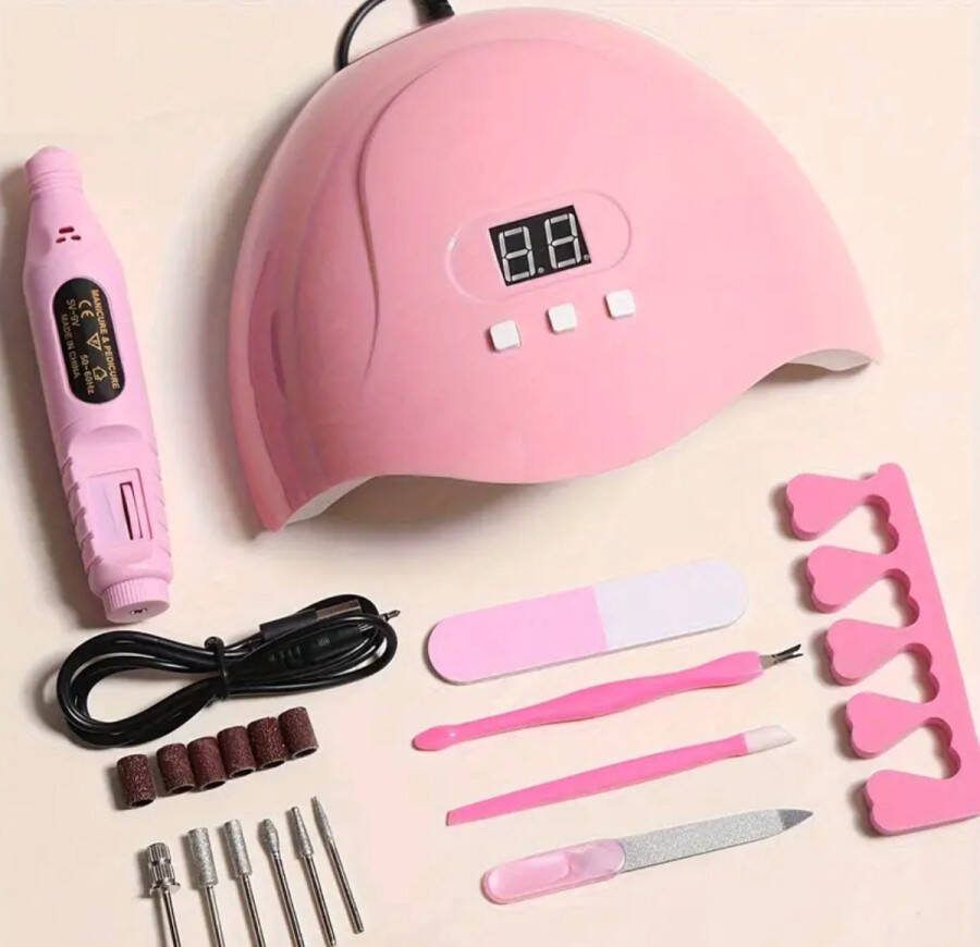 15-delige Manicureset Roze Gelnagellak UV Lamp Elektrische Polijstmachine Verwijderaar Dode Huid Nagelvijlset Vinger Teen Verdeler Manicure Pedicure Gereedschap