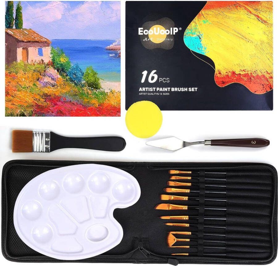 15-delige set acrylverf voor acryl olie aquarel gouache schilderen lichaamsbeschildering inclusief 10 penselen palet spons spatel en draagtas