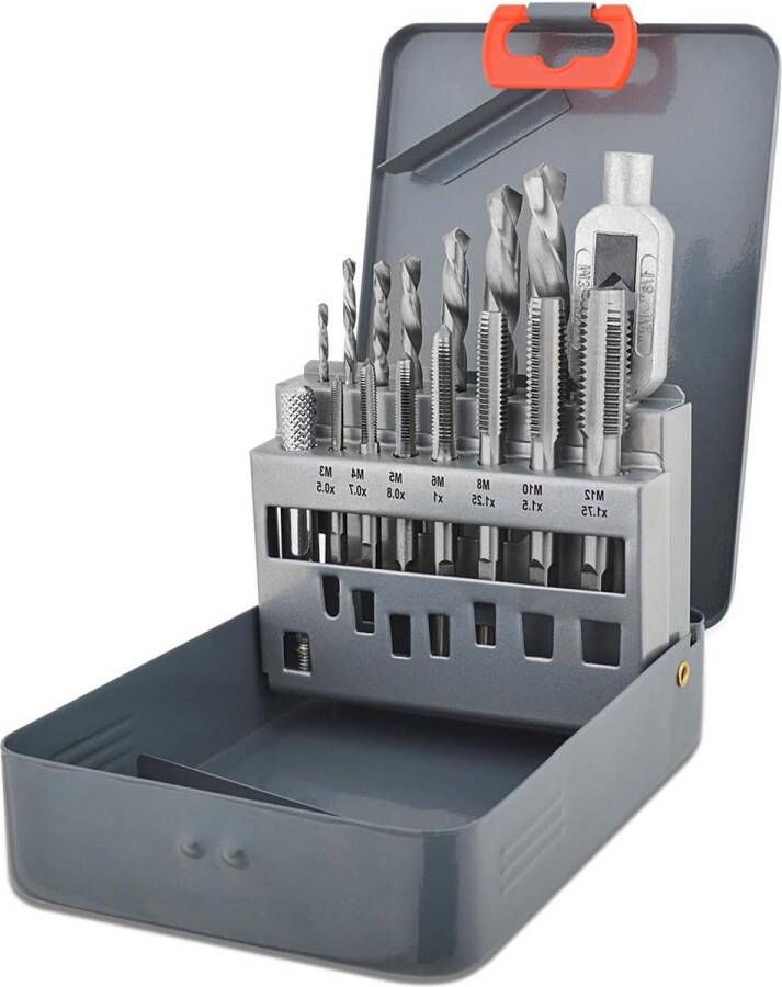 15-delige set boor- en schroefdraadtappen professioneel in metalen koffer metrisch M3-M12 spiraalboren HSS 25-102 mm