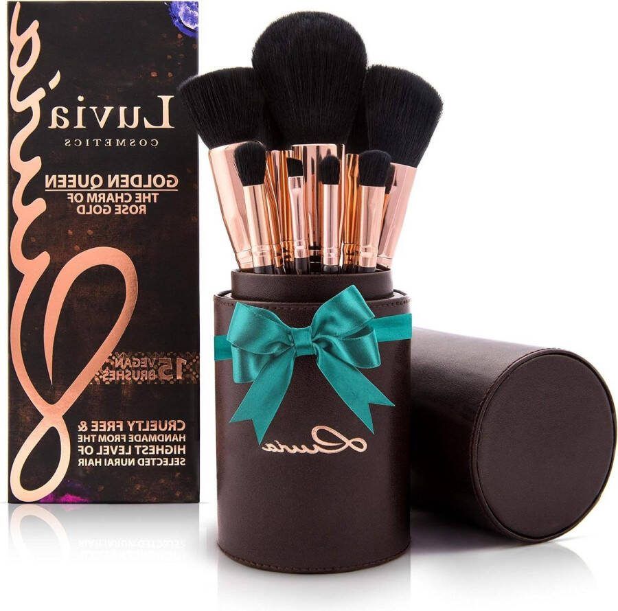 15-delige Vegan Make-up kwastenset inclusief kwastenetui Chocoladebruin en Roségoud