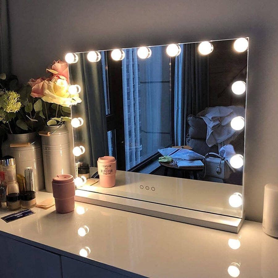 15 dimbare LED lampen Hollywood make-up spiegel met verlichting en USB oplaadpoort Wit 58x48cm