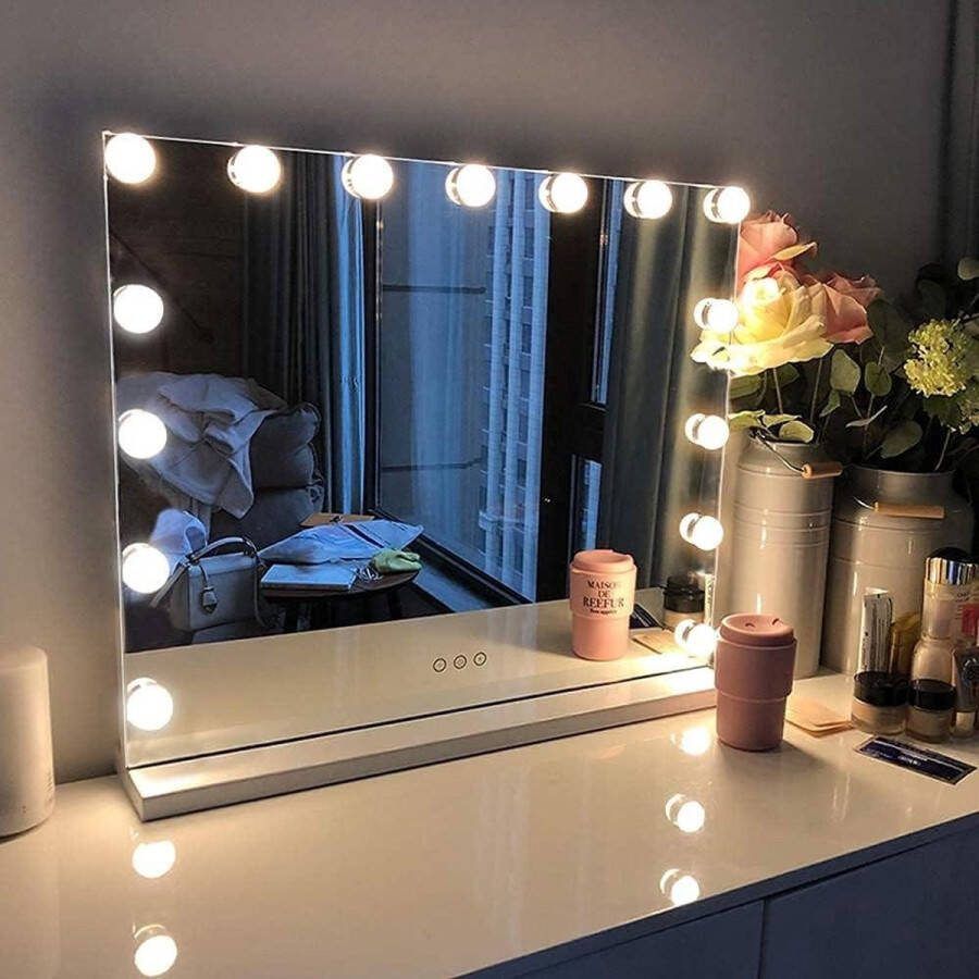 15 dimmer LED lampen-Hollywood spiegel met verlichting en Type-C USB oplaadpoort-3 lichtstanden-Hollywood make-up spiegel wit 58x48cm