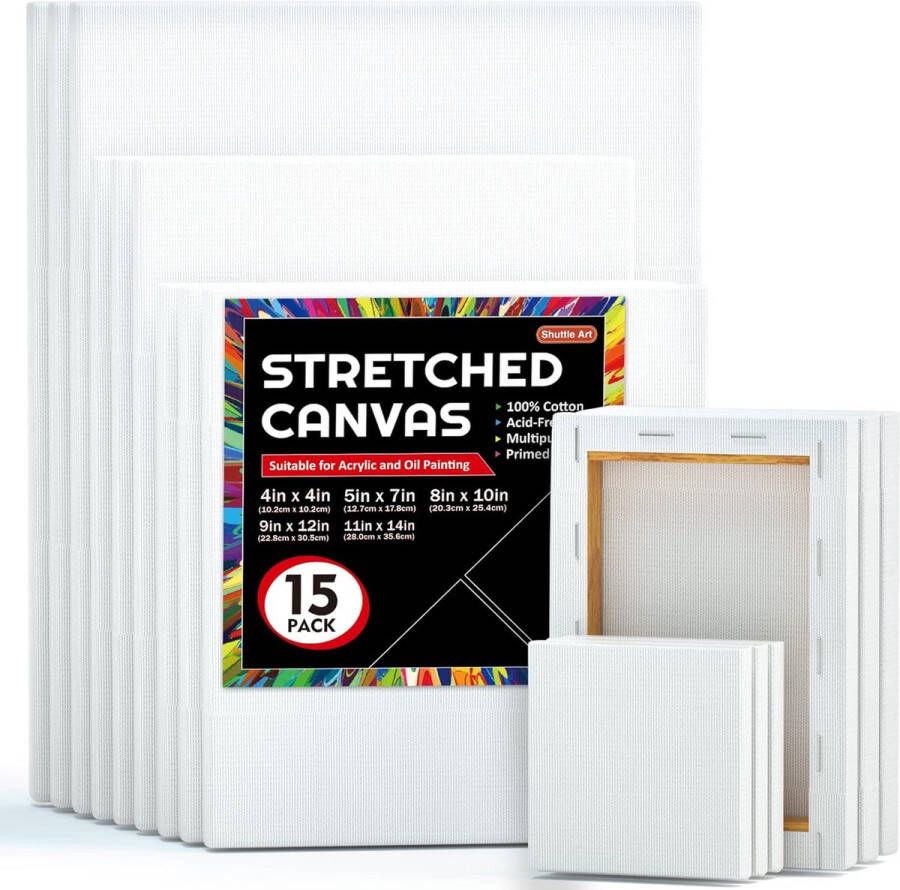 15 doeken op spieraam 10 x 10 13 x 18 20 x 25 23 x 30 28 x 36 cm witte schildersdoeken multipack elk 3 stuks 100% katoen