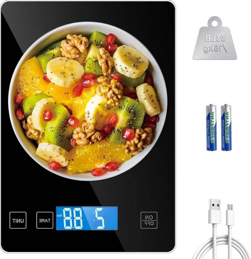15 kg-1 g digitale keukenweegschaal met groot weegoppervlak huishoudweegschaal multifunctionele levensmiddelenweegschaal met USB-oplaadbaar tarra-functie touch-knop