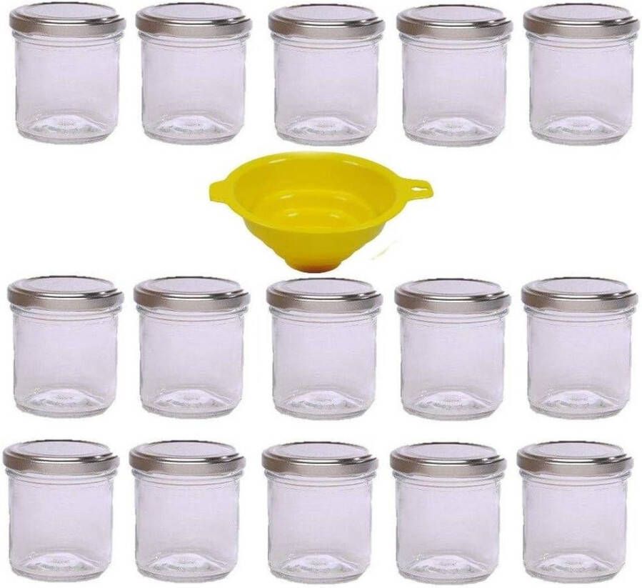 15 x jampot 167 ml met zilverkleurige sluiting ronde glazen inmaakpotten kruidenpotjes incl. trechter. jampotjes met deksel