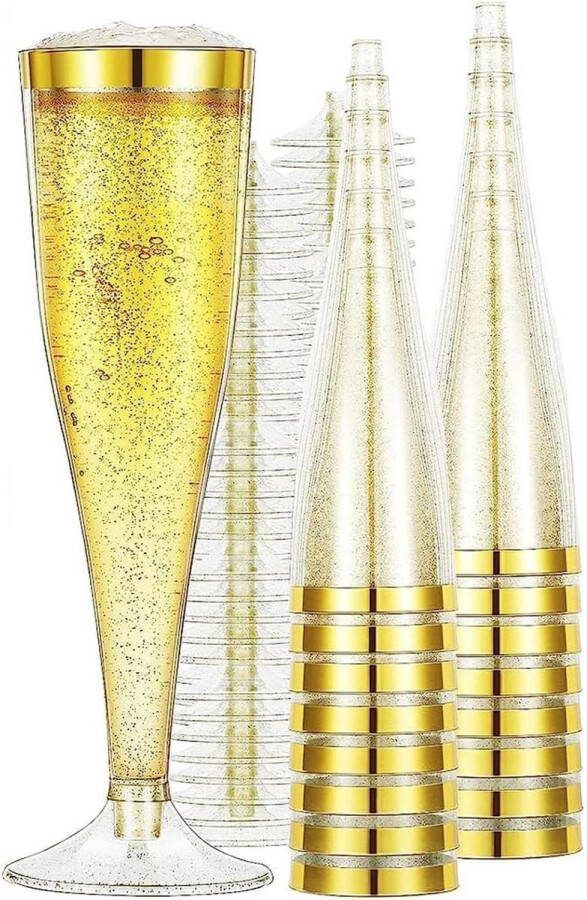 150 ml Plastic Champagneglazen met Gouden Glitter Set van 50 stuks voor Bruiloften en Verjaardagen
