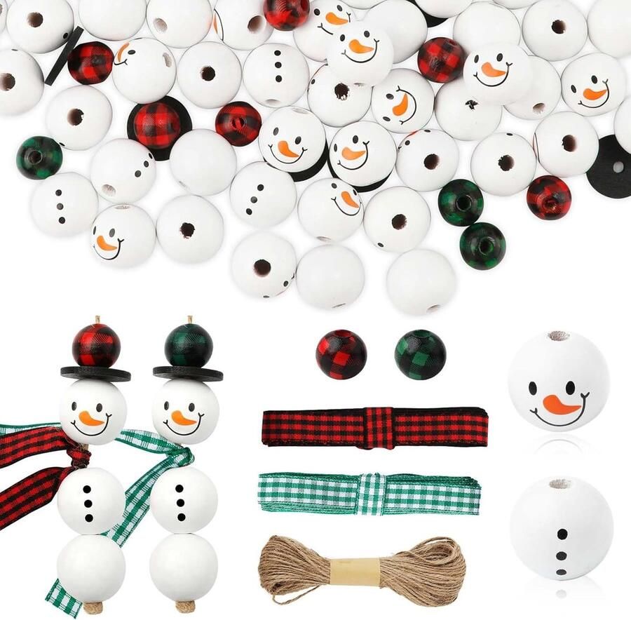 150 Stks Kerst Houten Kralen Sneeuwpop Houten Kralen Buffel Geruite Houten Kralen Ronde Houten Kralen met Henneptouw voor Doe-Het-Zelvers Sieraden Ambachten Decoratie (Rood Groen Geruit)