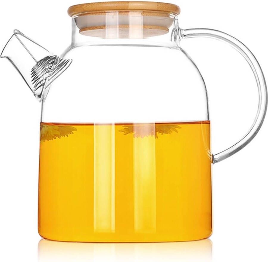 1500ML Glazen theepot met bamboe deksel en roestvrijstalen filterglas waterkan Ideaal voor fruittheecontainer en bloeiende theepot