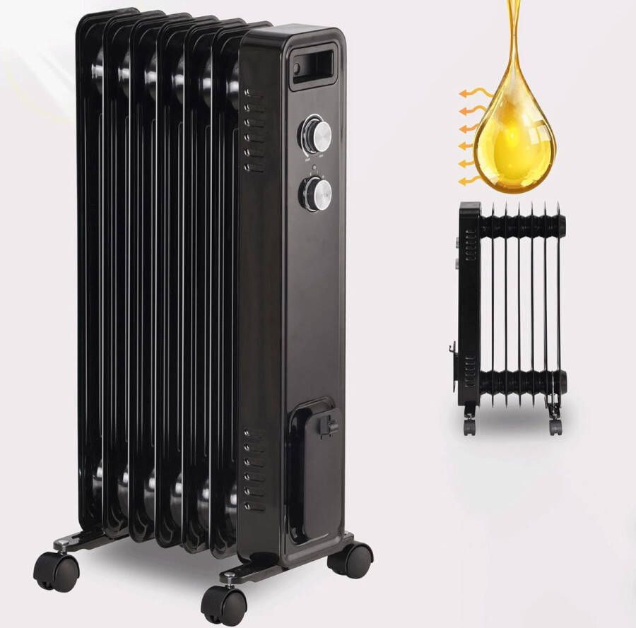 1500W Elektrische Olieradiator Energiebesparende Verwarming tot 30m² Zwart met Thermostaat en 3 Warmtestanden Ideaal voor Huisverwarming