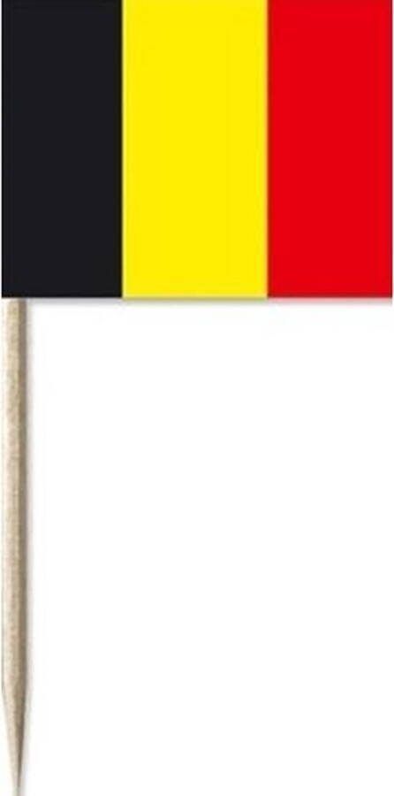 150x Cocktailprikkers België 8 cm vlaggetje landen decoratie Houten spiesjes met papieren vlaggetje Wegwerp prikkertjes