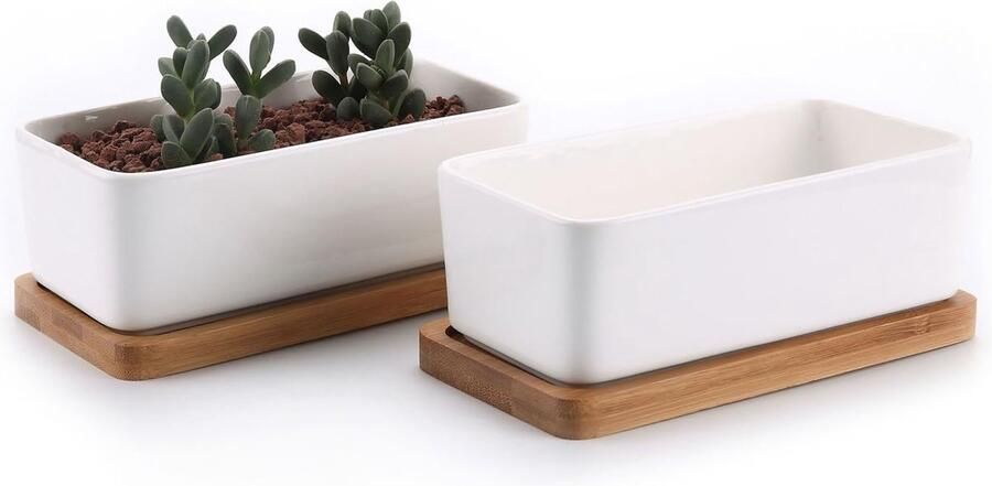 16 5CM Succulente Plantenpot Set van 2 Rechthoek Keramiek Vetplant Bloempot met Bamboe Onderzetter Binnen Klein Cactus Pot met Afvoergat Wit voor Sappige Aloë Kruid Decoratieve Geschenk