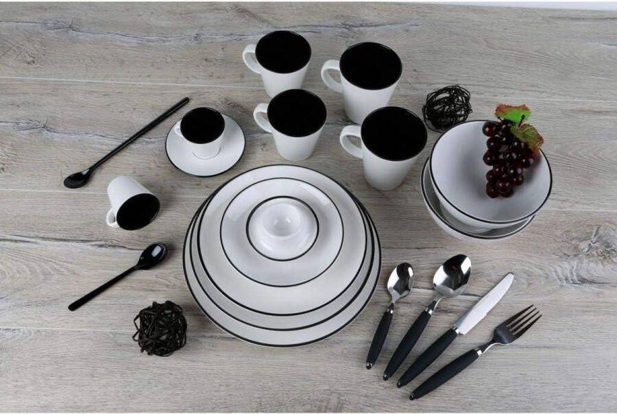 16-delig zwart-wit Serviesset Linea met subtiel design